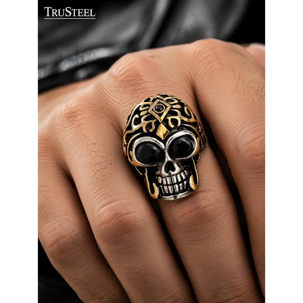 Gothic Skull Ring Black CZ Eyes Gold 316L Stainless Steel Biker Punk Men Size 9